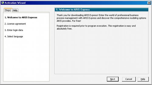 first page ARIS Express configuration wizard